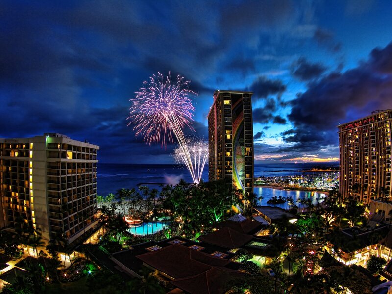 Fireworks over beach resort