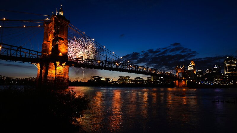Fireworks over Bridge — Blue, Dramatic