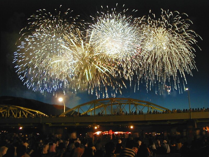 Fireworks over Bridge — Blue, Festive, Night, Photograph