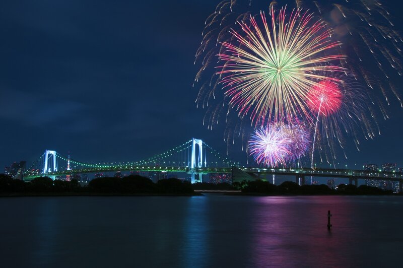 Fireworks over Bridge — Blue, Festive, Night