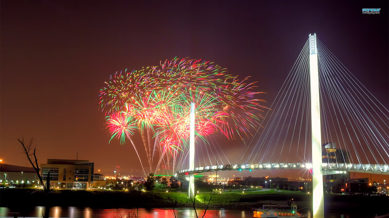 Fireworks over Bridge — Red, Celebratory, Night