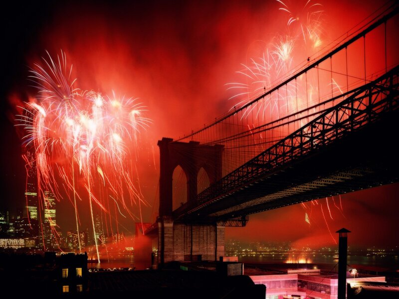 Fireworks over Bridge — Red, Dramatic, Night, Photograph, City Skyline, River