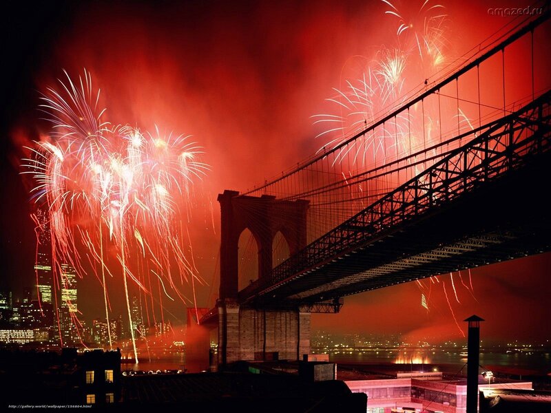 Fireworks over Bridge — Red, Dramatic, Night, Photograph