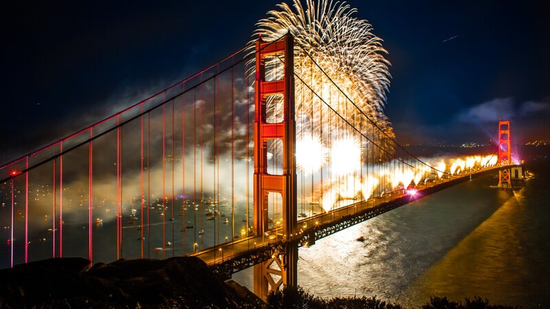 Fireworks over Bridge — Red, Dramatic, Night, Photograph, Water
