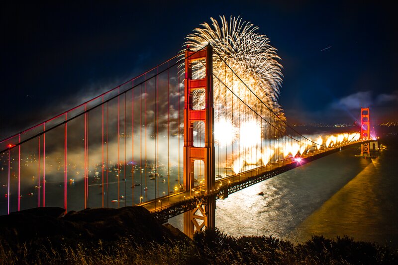 Fireworks over Bridge — Red, Dramatic