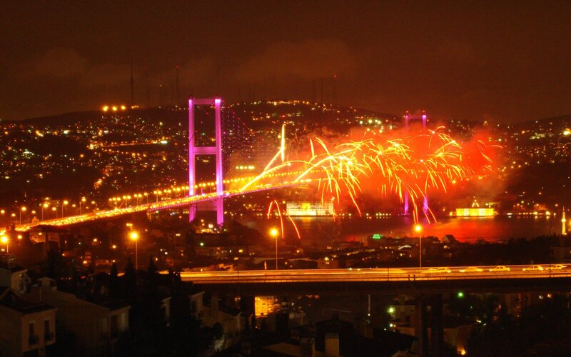 Fireworks over Bridge — Red, Festive, Night, Photograph, City Lights