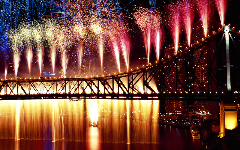 Fireworks over Bridge — Red, Festive, Night, Photograph, River