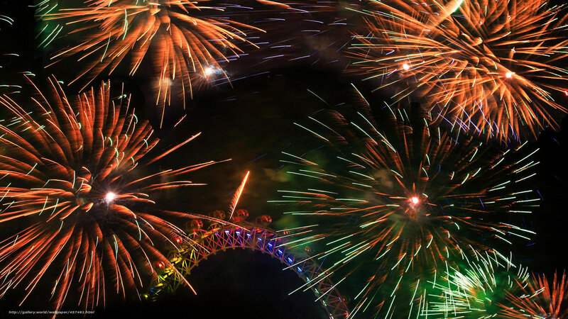 Fireworks over Bridge — Red, Festive, Night, Photograph, Sky