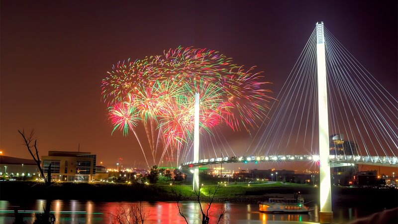 Fireworks over Bridge — Red, Festive, Night, Photograph