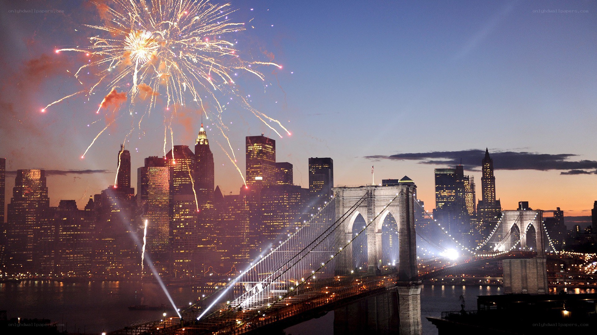 Fireworks over Brooklyn Bridge