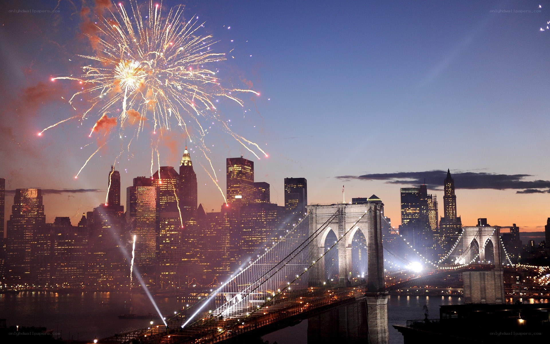 Fireworks over Brooklyn Bridge