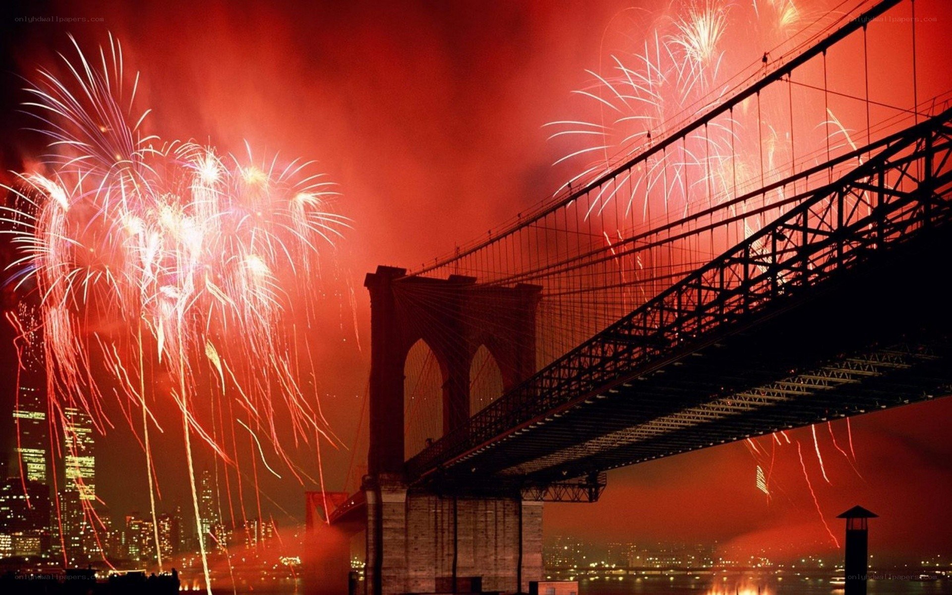 Fireworks over Brooklyn Bridge