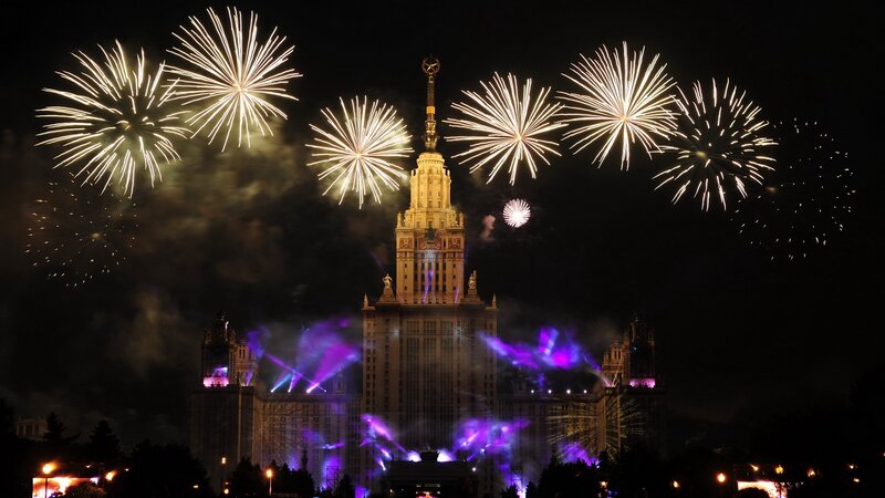 Fireworks over Building — Black, Celebratory
