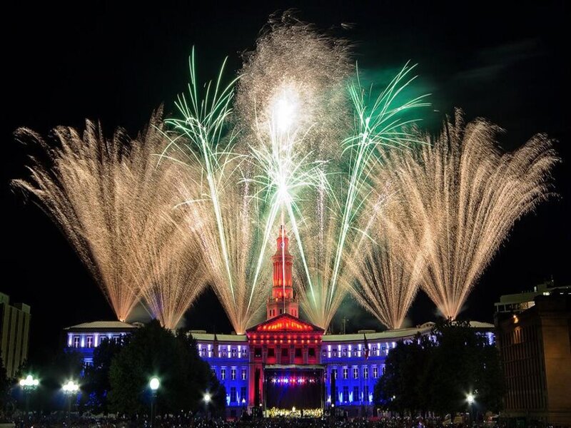 Fireworks over Building — Red