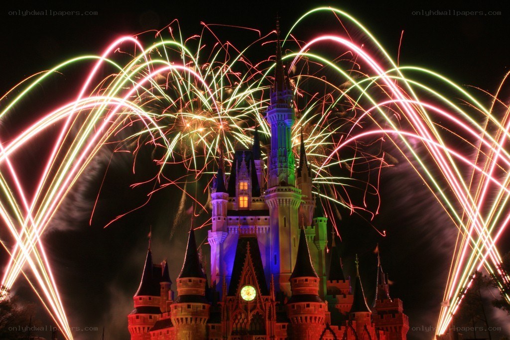 Fireworks over castle at night