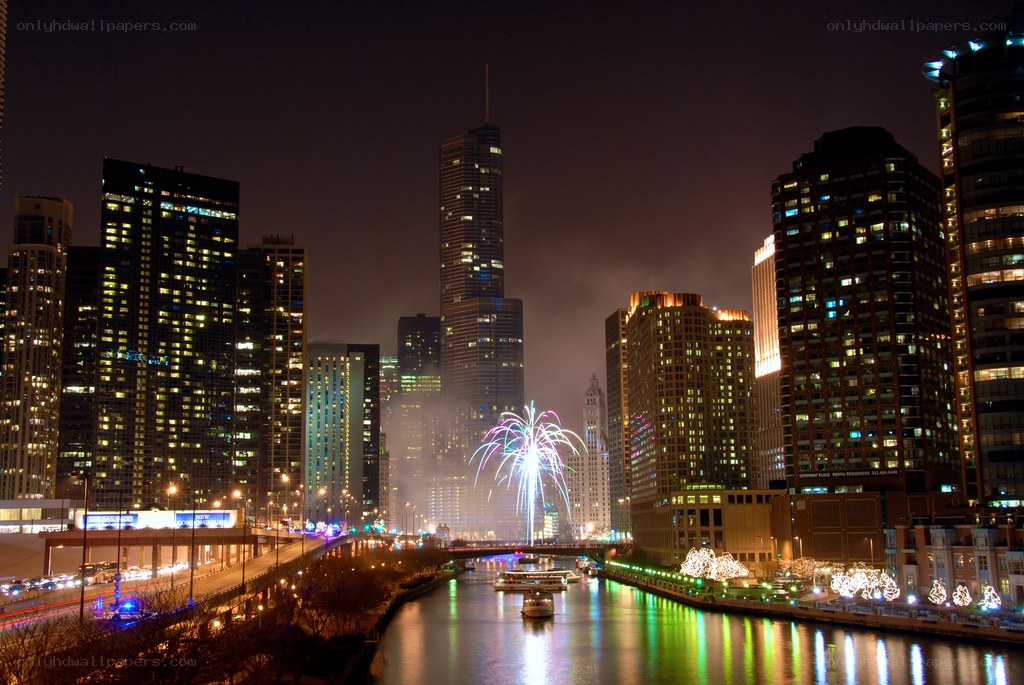Fireworks over Chicago River