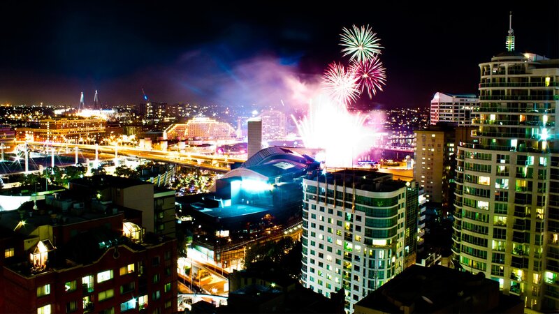 Fireworks over City — Black, Celebratory, Night, Photograph, Buildings, Bridge