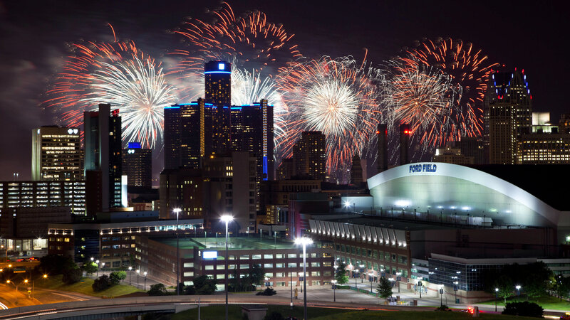 Fireworks over City — Black, Celebratory, Night, Photograph, Buildings