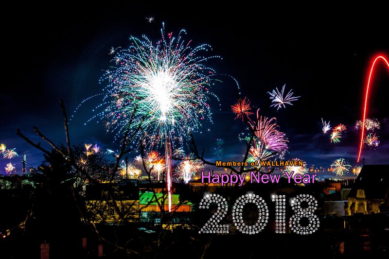Fireworks over City — Black, Celebratory, Night, Photograph, Buildings, Trees