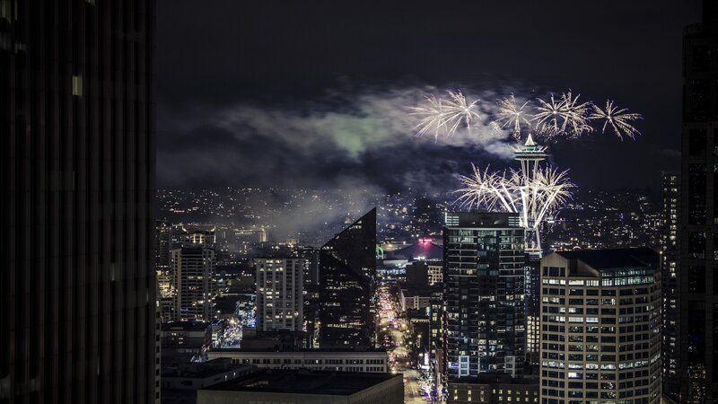 Fireworks over City — Black, Dramatic, Night, Photograph, Skyscraper