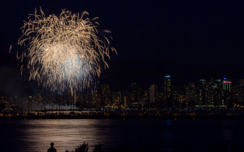 Fireworks over City — Black, Dramatic, Night, Photograph