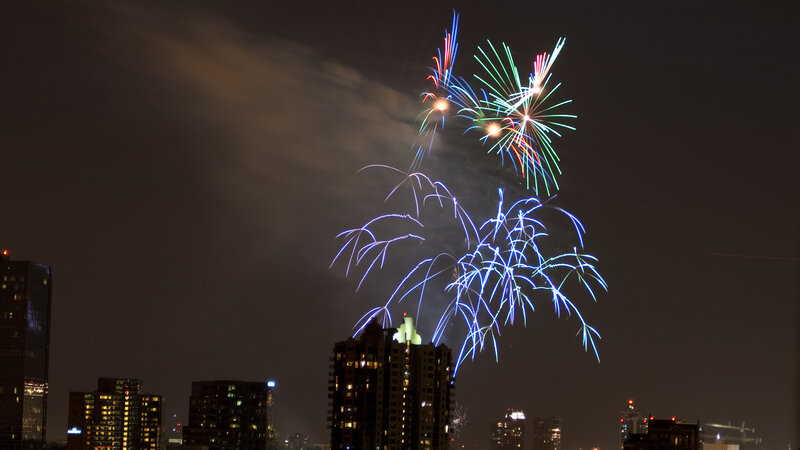 Fireworks over City — Black, Dramatic