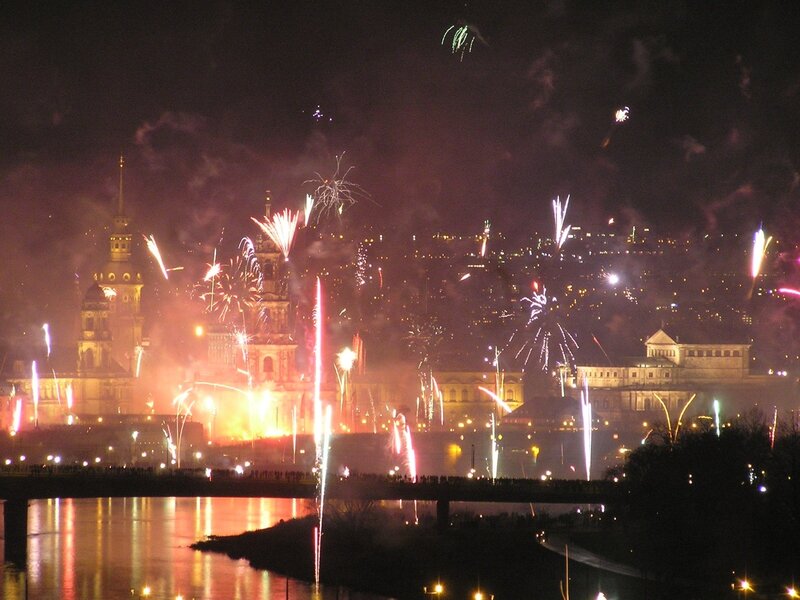 Fireworks over City — Black, Festive, Night, Photograph, Buildings, River, Bridge