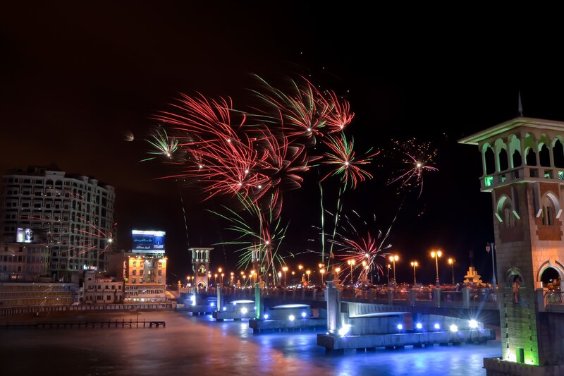 Fireworks over City — Black, Festive, Night, Photograph, Buildings