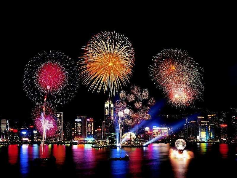 Fireworks over City — Black, Festive, Night, Photograph, Skyline