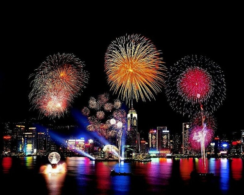 Fireworks over City — Black, Festive, Night, Photograph, Skyscraper, Water
