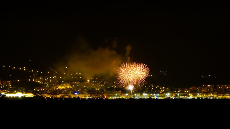 Fireworks over City — Black, Festive, Night, Photograph, Smoke