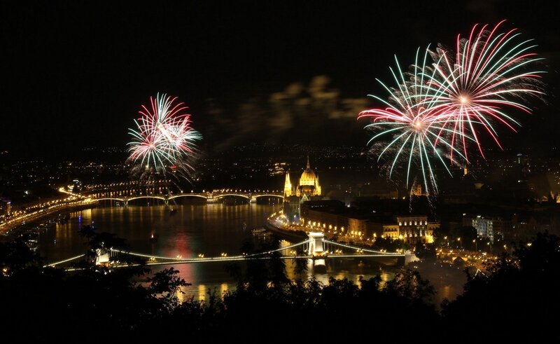 Fireworks over City — Black, Festive, Night, Photograph
