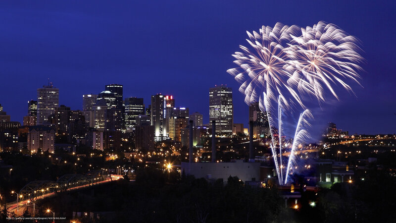 Fireworks over City — Blue, Celebratory, Night, Photograph, Skyscraper, Bridge