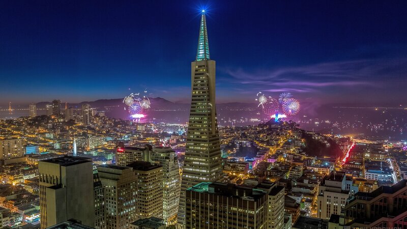 Fireworks over City — Blue, Celebratory, Night, Photograph, Skyscraper, Buildings