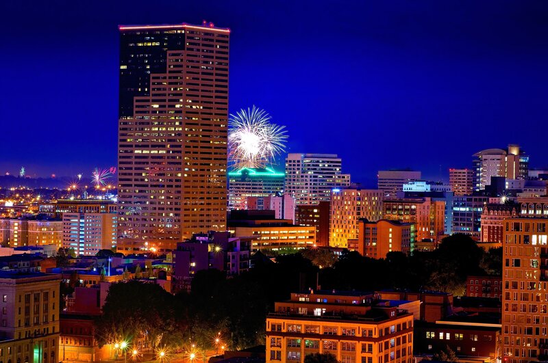 Fireworks over City — Blue, Celebratory, Night, Photograph, Skyscraper, Buildings, Trees