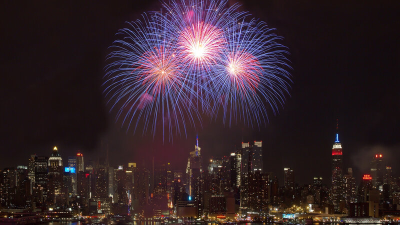 Fireworks over City — Blue, Celebratory, Night, Photograph, Skyscraper, Night Sky