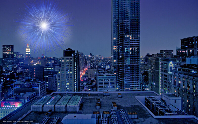 Fireworks over City — Blue, Dramatic, Night, Photograph, Skyscraper, Buildings