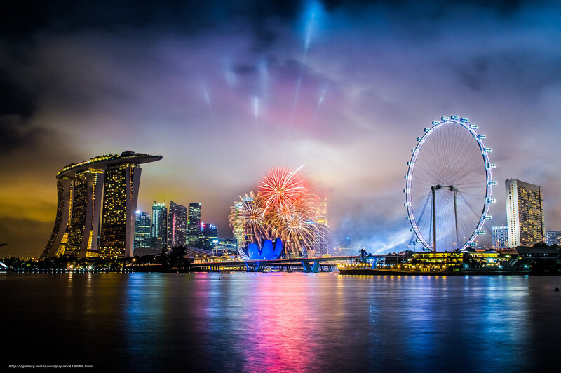 Fireworks over City — Blue, Dramatic, Night, Photograph, Skyscraper