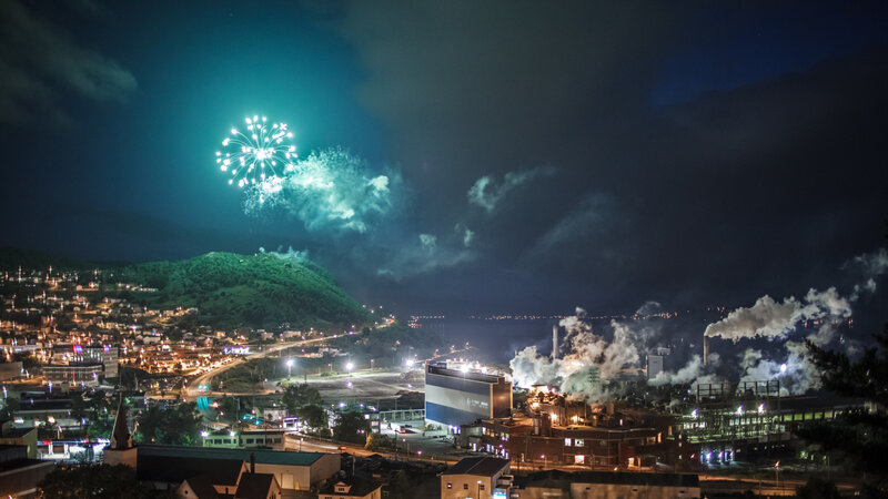 Fireworks over City — Blue, Dramatic, Night, Photograph
