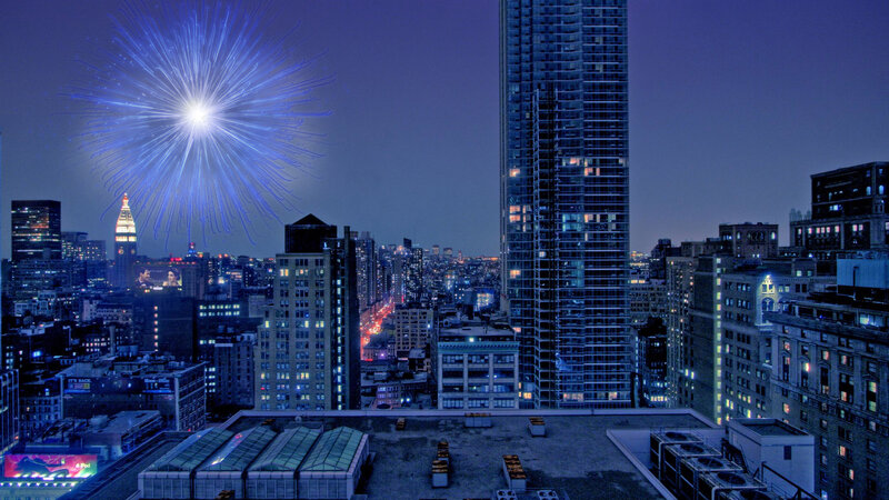 Fireworks over City — Blue, Dramatic, Night
