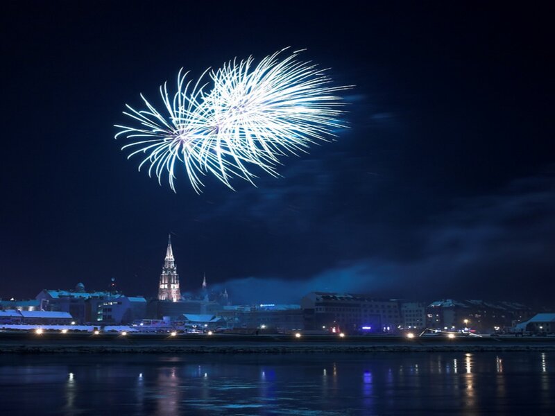 Fireworks over City — Blue, Dramatic