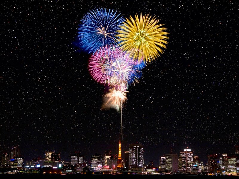 Fireworks over City — Blue, Festive, Night, Photograph, City Skyline, Eiffel Tower