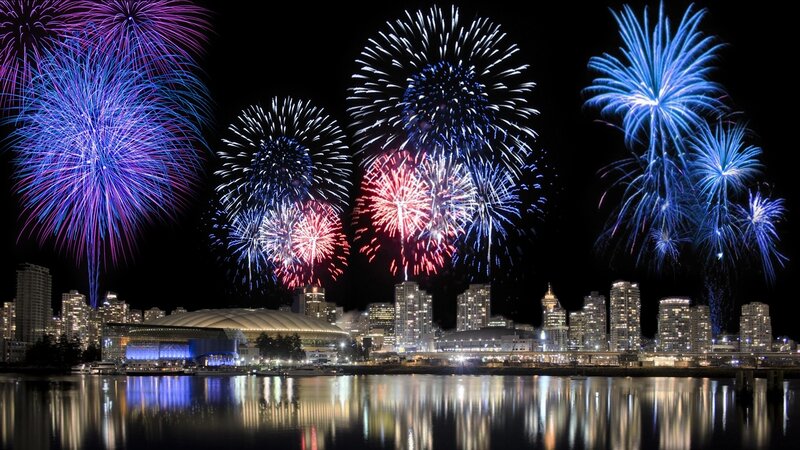 Fireworks over City — Blue, Festive, Night, Photograph, City Skyline
