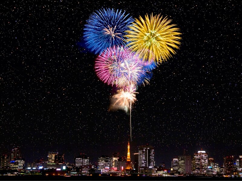 Fireworks over City — Blue, Festive, Night