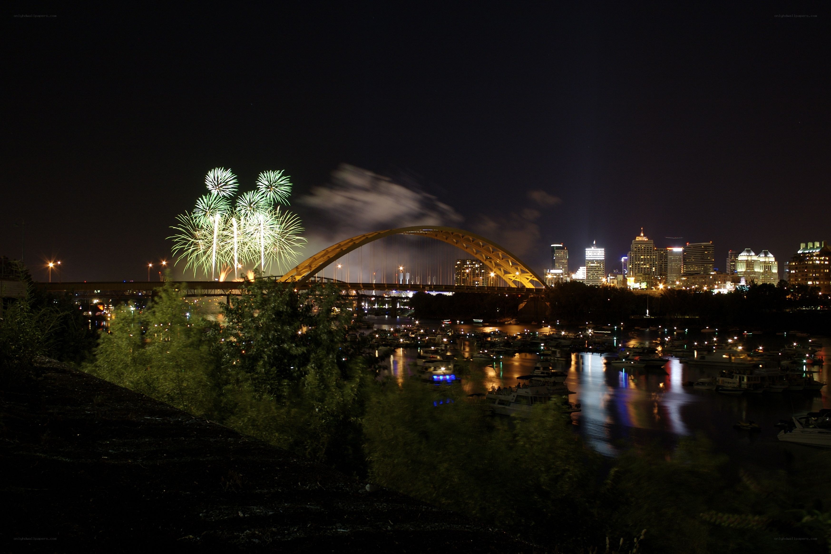 Fireworks over city bridge
