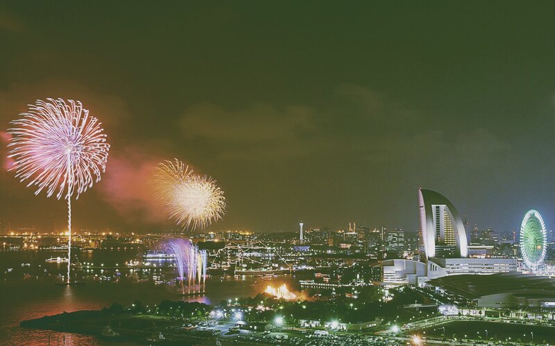 Fireworks over City — Green, Festive