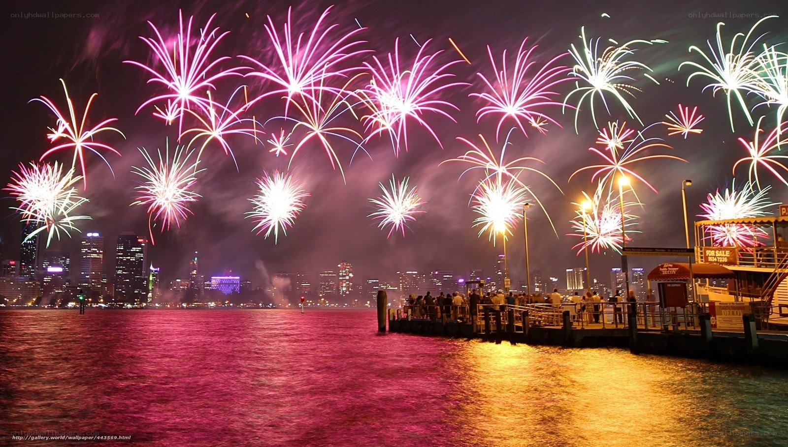 Fireworks over city harbor
