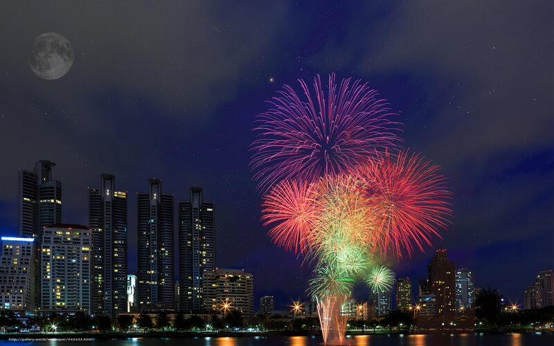 Fireworks over City — Purple, Celebratory, Night, Photograph