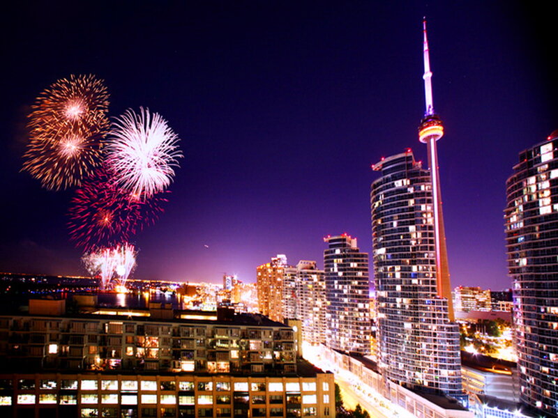 Fireworks over City — Purple, Festive, Night, Photograph, Skyscraper, Tower