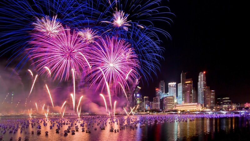 Fireworks over City — Purple, Festive, Night, Photograph